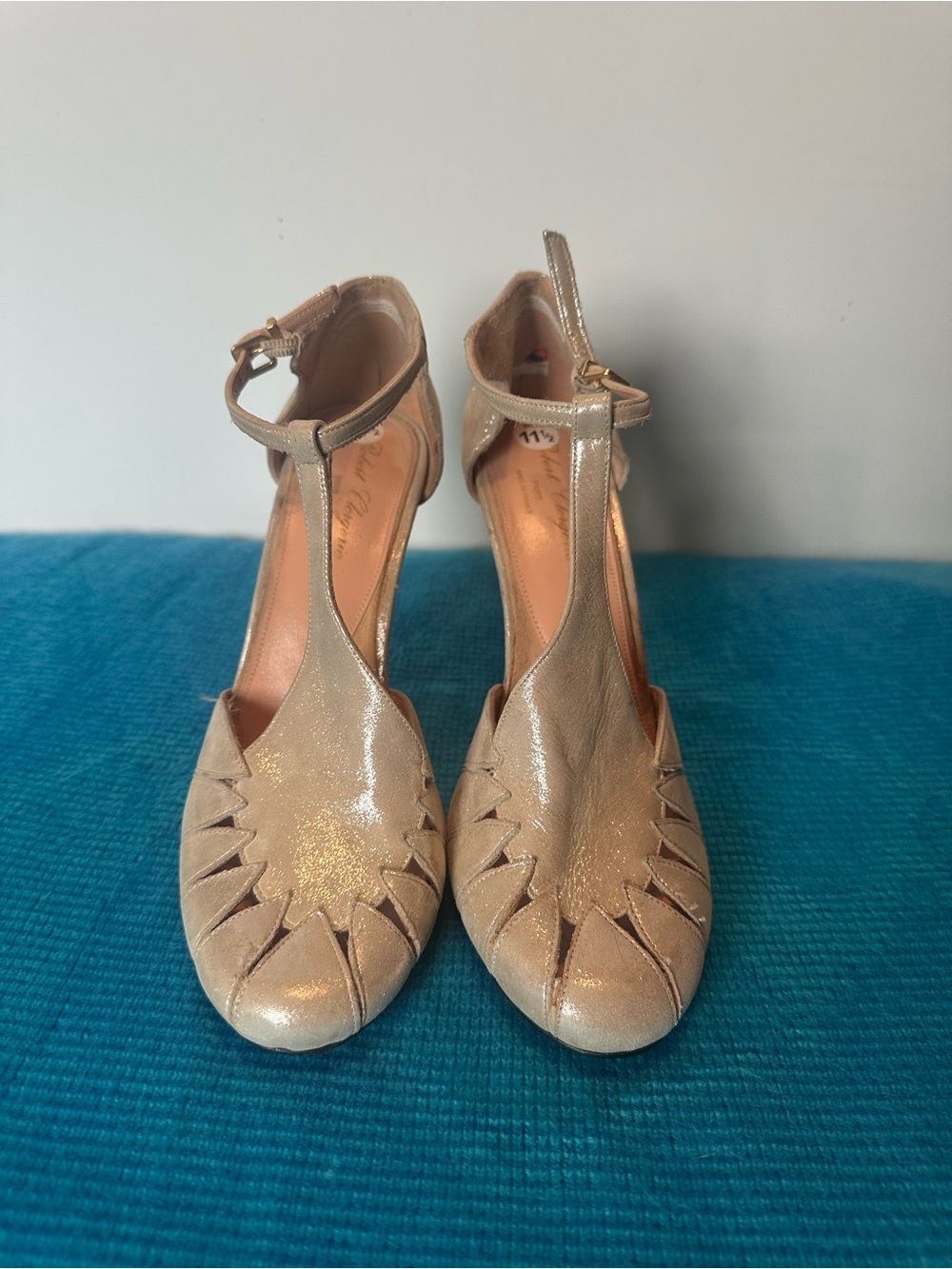 Robert Clergerie Metallic Gold T-Strap Peep Toe Heels